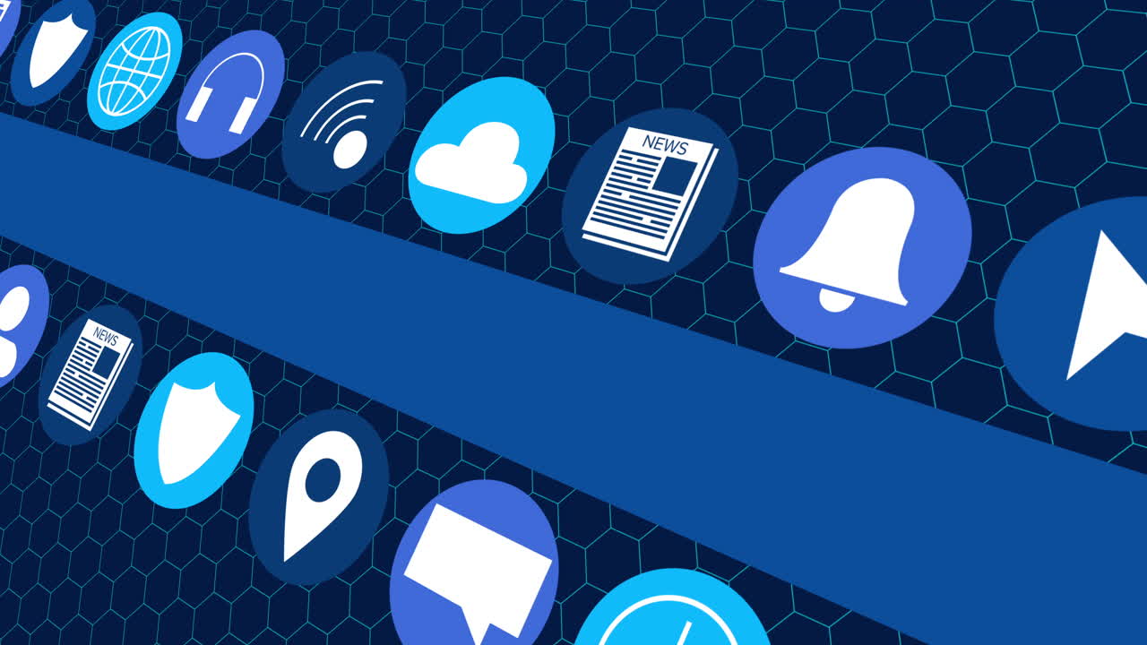 animación de iconos digitales en línea y rayas azules que se mueven sobre hexágonos sobre fondo azul oscuro