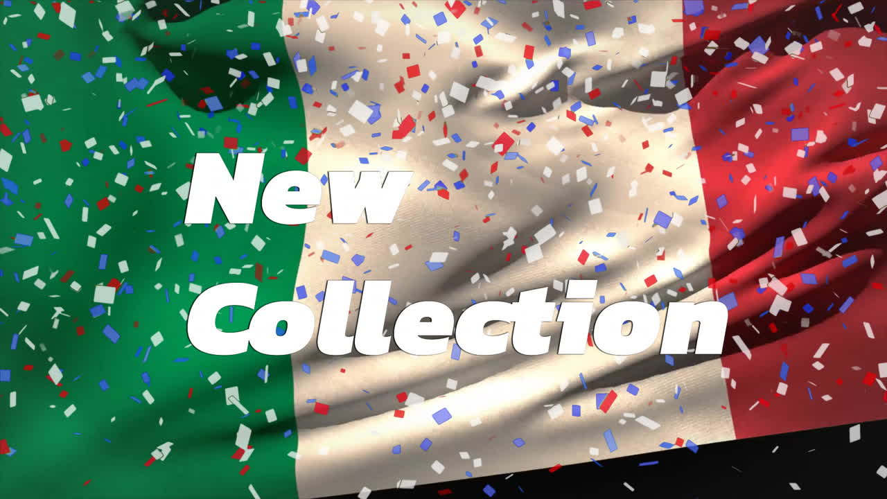 새로운 컬렉션 텍스트 애니메이션은 이탈리아 발을 흔들고 콘페티가 떨어집니다.