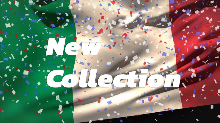 Animazione testuale "Nuova Collezione" su bandiera italiana sventolante e coriandoli che cadono