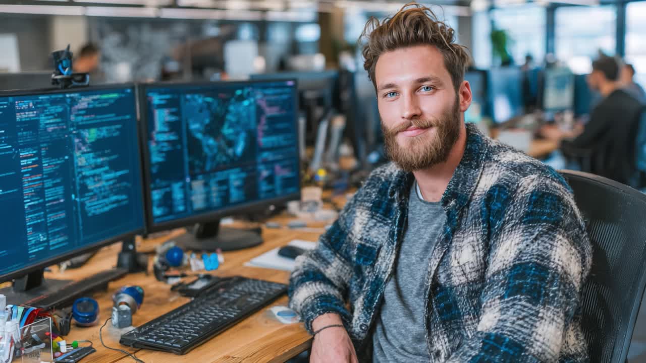 A confident young man with a beard poses for a photo at his workspace, surrounded by multiple computer monitors displaying code and data analysis in a modern office environment