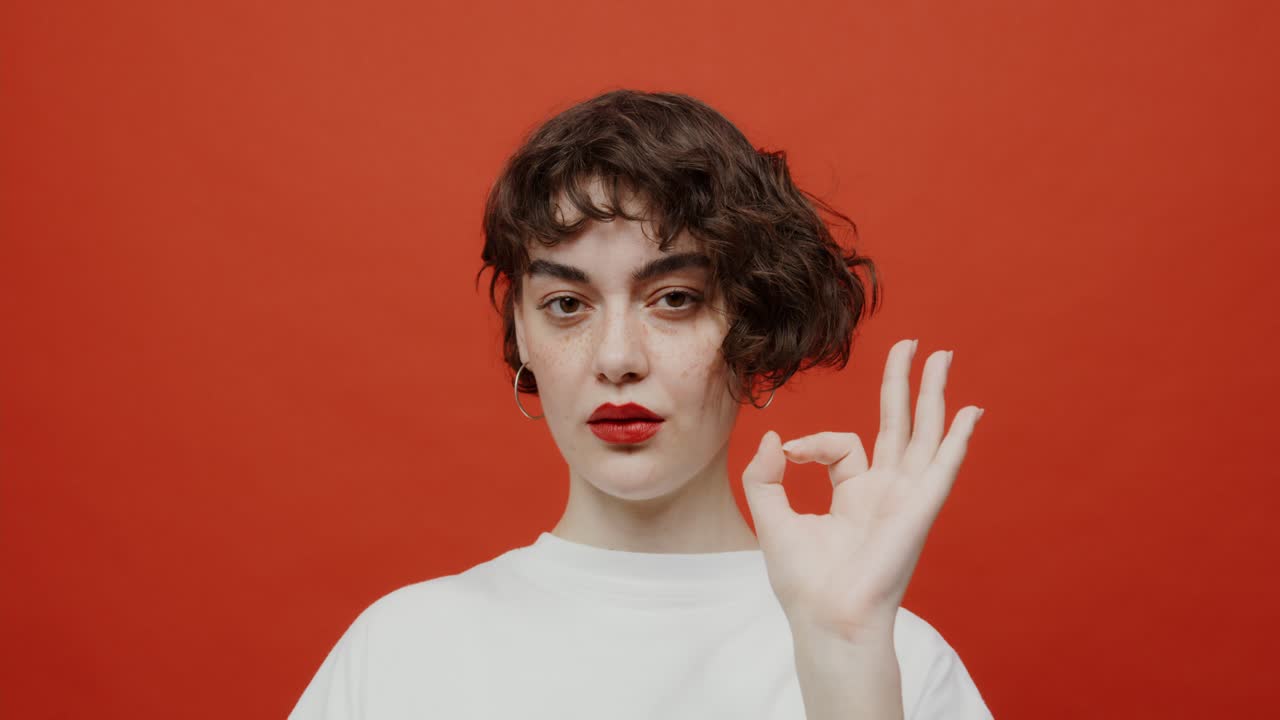 여성이 오케이 제스처를 하고 있습니다.