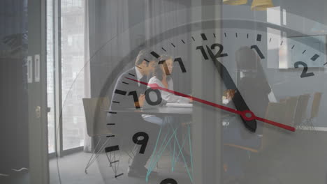 animation of clock moving over diverse colleagues discussing work in office