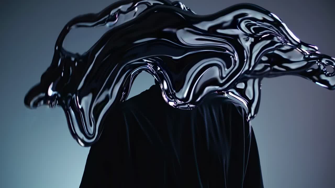 Fluid, morphing substance engulfing a model's head, dissolving their identity and merging with an aura of mystery, against a muted backdrop, creating a surreal and enigmatic visual narrative
