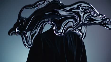 fluid, morphing substance engulfing a model's head, dissolving their identity and merging with an aura of mystery, against a muted backdrop, creating a surreal and enigmatic visual narrative