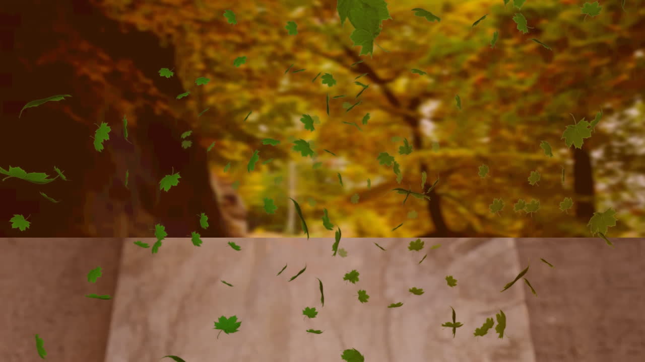 animación digital de múltiples hojas de otoño flotando sobre la superficie de madera contra el bosque