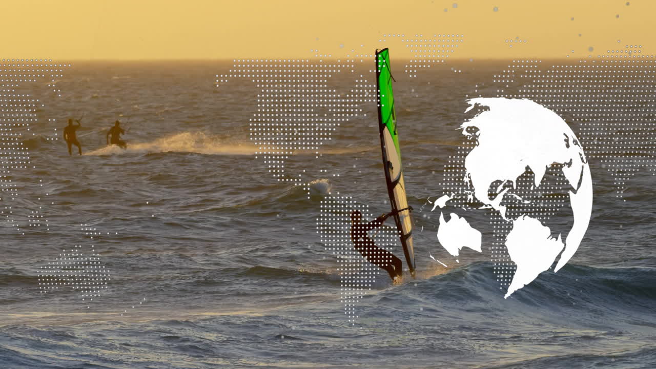 windsurf en el océano con superposición de mapas del mundo animados