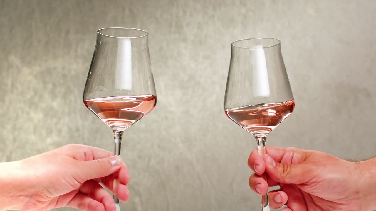 Rose Orange or white wine bottle and glass against a sunset in a peaceful vineyard, pouring of ecological natural wine. Cheers, hands with wine glasses, drinking alcohol.