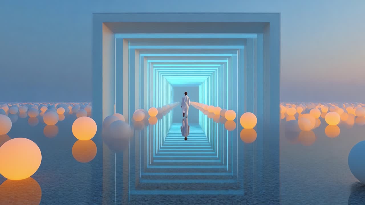 A surreal exploration through a mesmerizing corridor of light and reflection, leading into a tranquil setting filled with glowing orbs, creating a dreamlike atmosphere of serenity