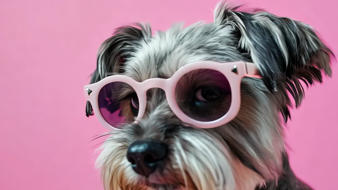 Stylish yorkshire terrier wearing pink sunglasses, posing confidently against vibrant pink background with playful, fashionable attitude