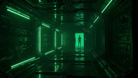 mysterious figure in an enigmatic green corridor: an exploration of shadows and light in a sci-fi environment filled with intrigue and suspense