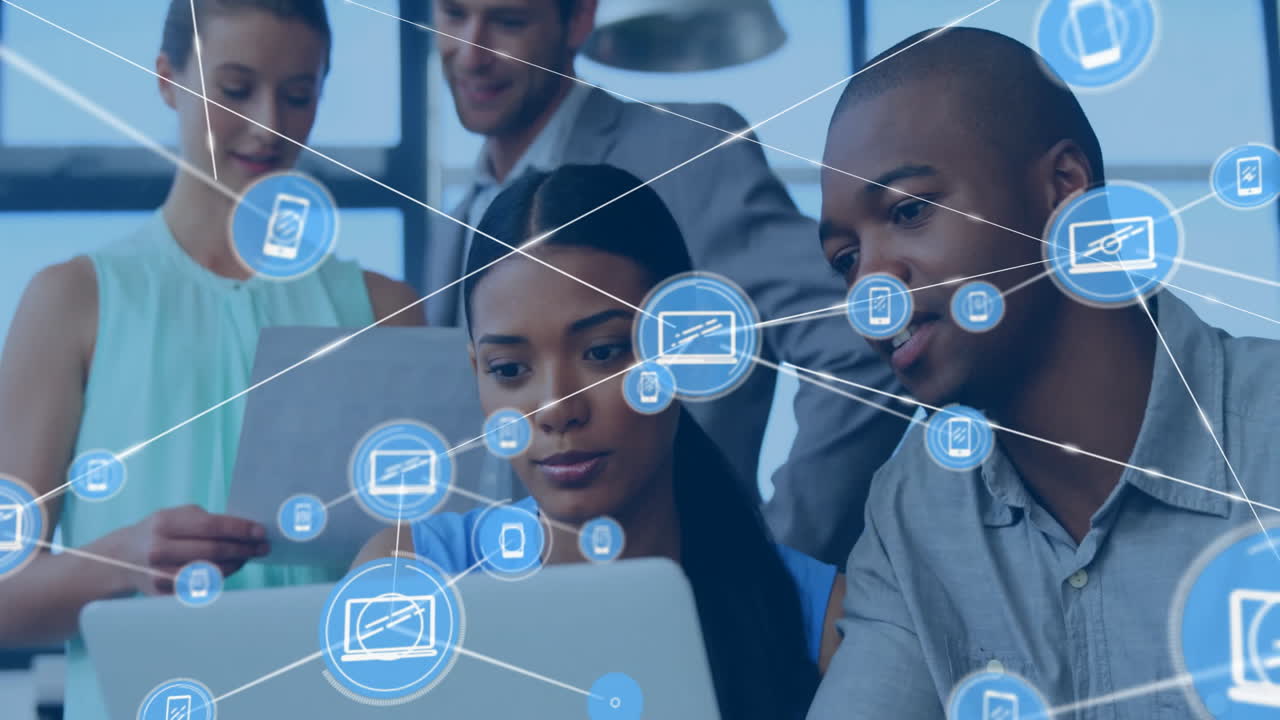 Animation of network of connections with devices icons over diverse business people in office