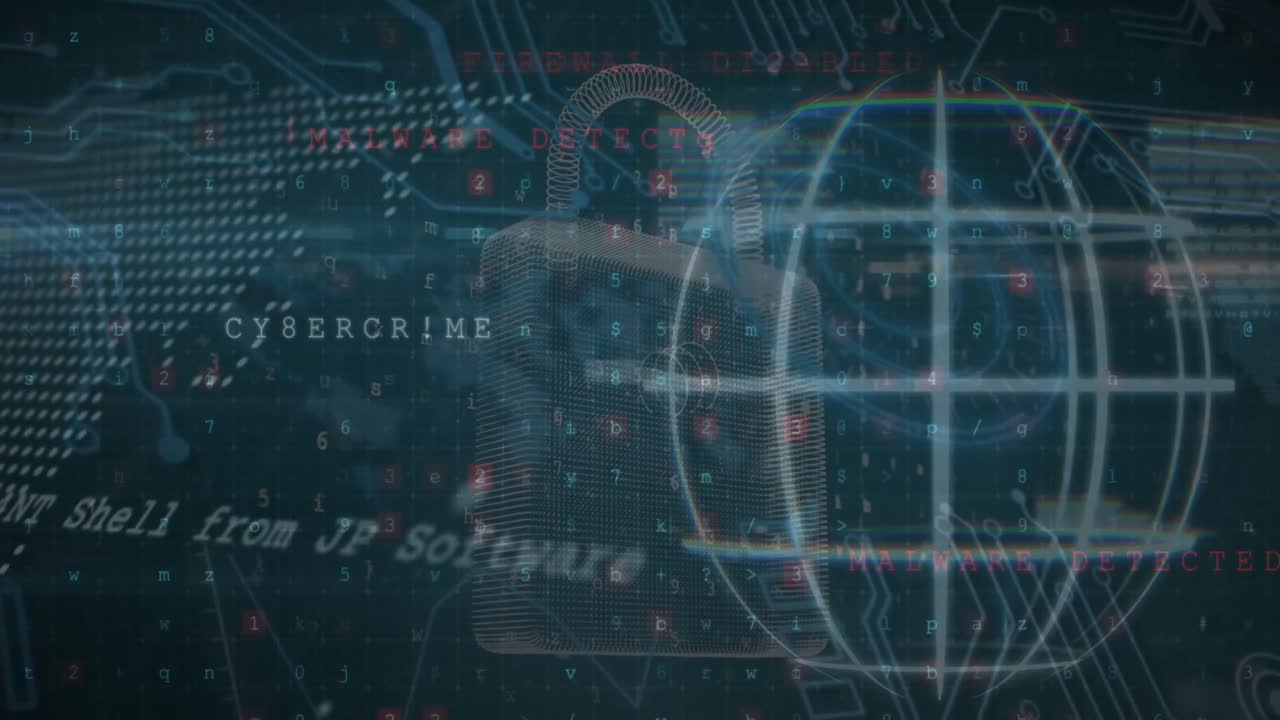 Animation of globe, world map, data processing and digital padlock