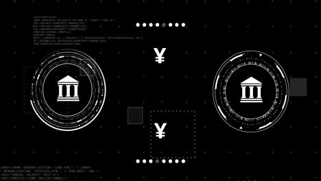 animation of bank and currency icons with data processing over black background