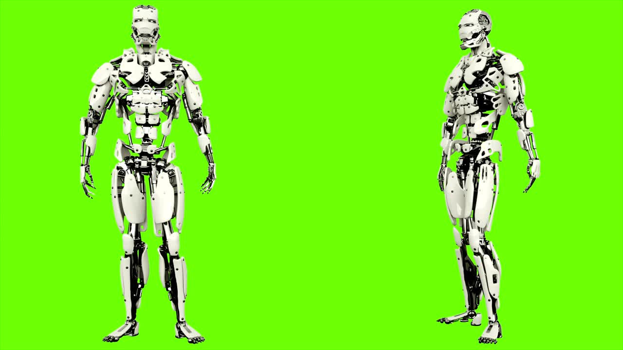Robot android is arm stretching. Realistic looped motion on green screen background. 4K