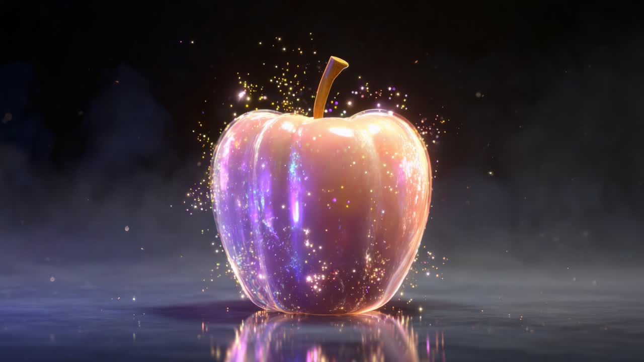 A mesmerizing glowing apple, radiating vibrant sparkles and enchanting colors, captured in a stunning visual transformation, showcasing its ethereal beauty and captivating allure