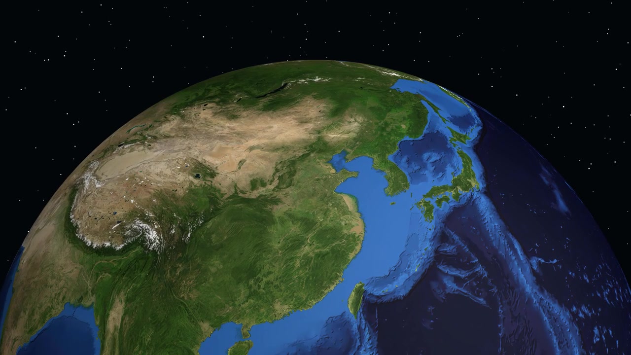 Animasi digital melakukan zoom dari angkasa ke Jinan, Tiongkok, dengan koordinat geografis dan penanda merah