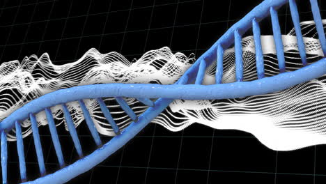 cadena de adn sobre patrones de ondas dinámicas y fondo de cuadrícula, visualización de datos científicos