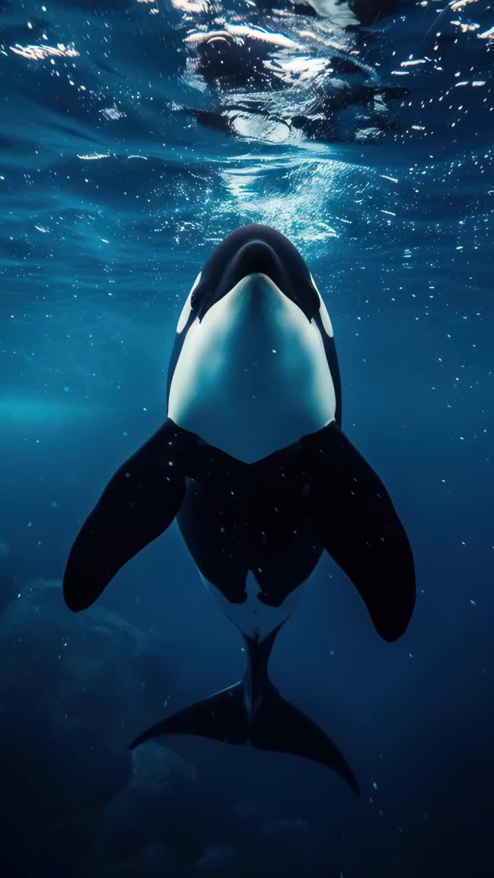 A mesmerizing underwater video shot of an orca swimming upward, captured from a low angle