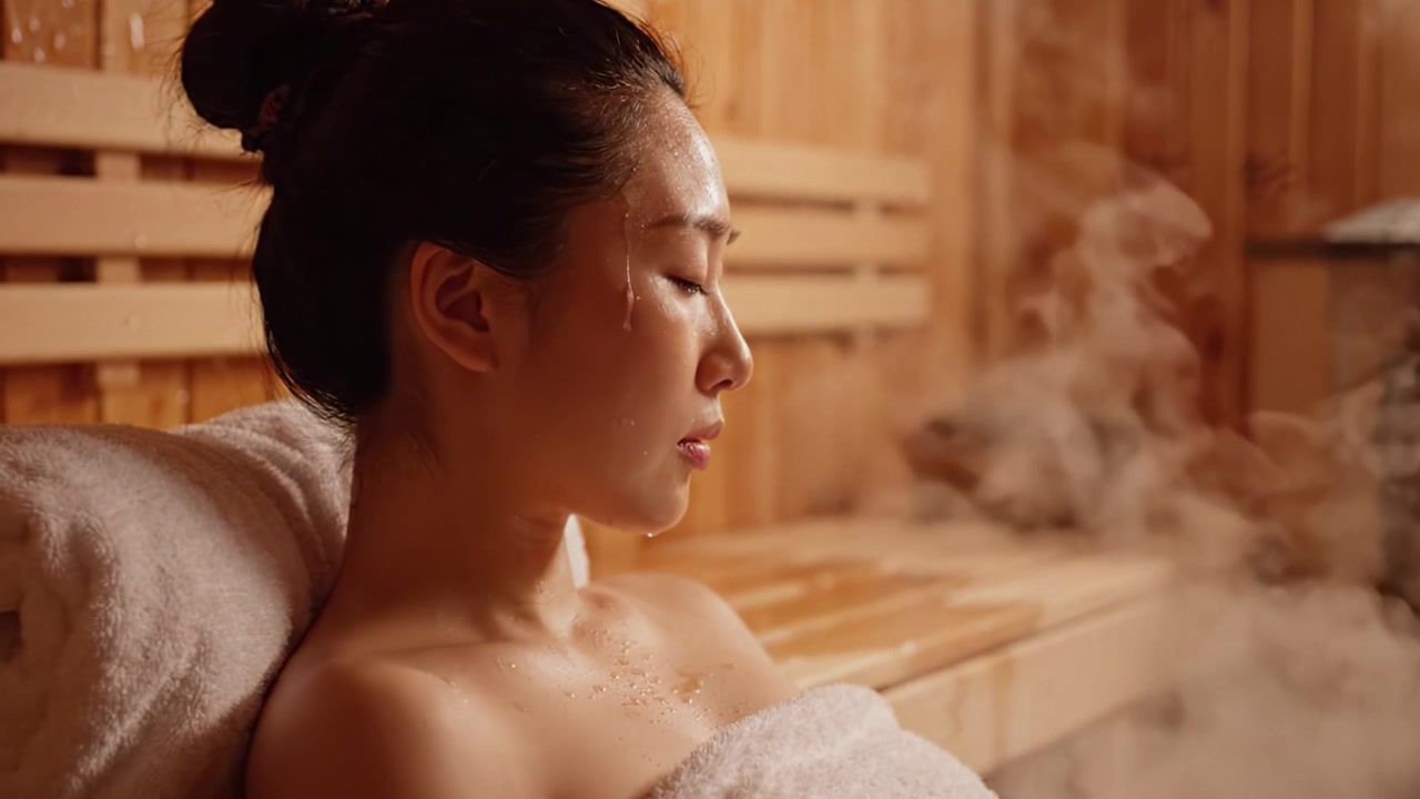 Serenità pacifica: una donna che si gode un rilassante trattamento a vapore in una sauna tranquilla, abbracciando calma e ringiovanimento in un'atmosfera rilassante