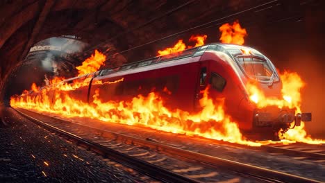 un tren rojo viajando a través de un túnel con llamas saliendo de él