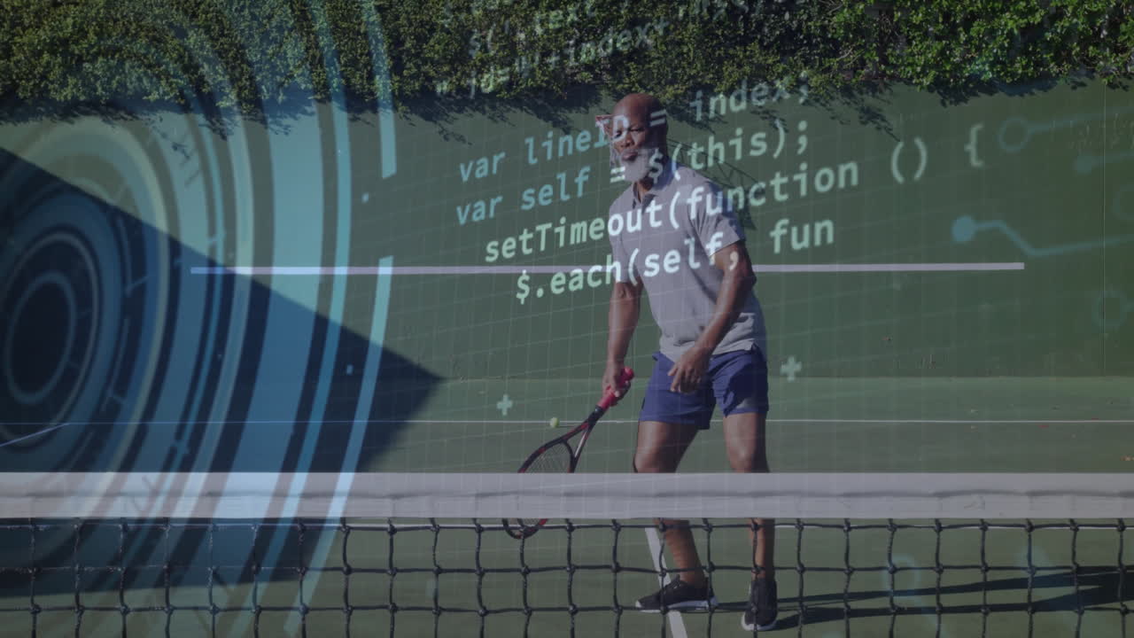 Mature male tennis player preparing shot on court, showing technology HUD grid and data nodes