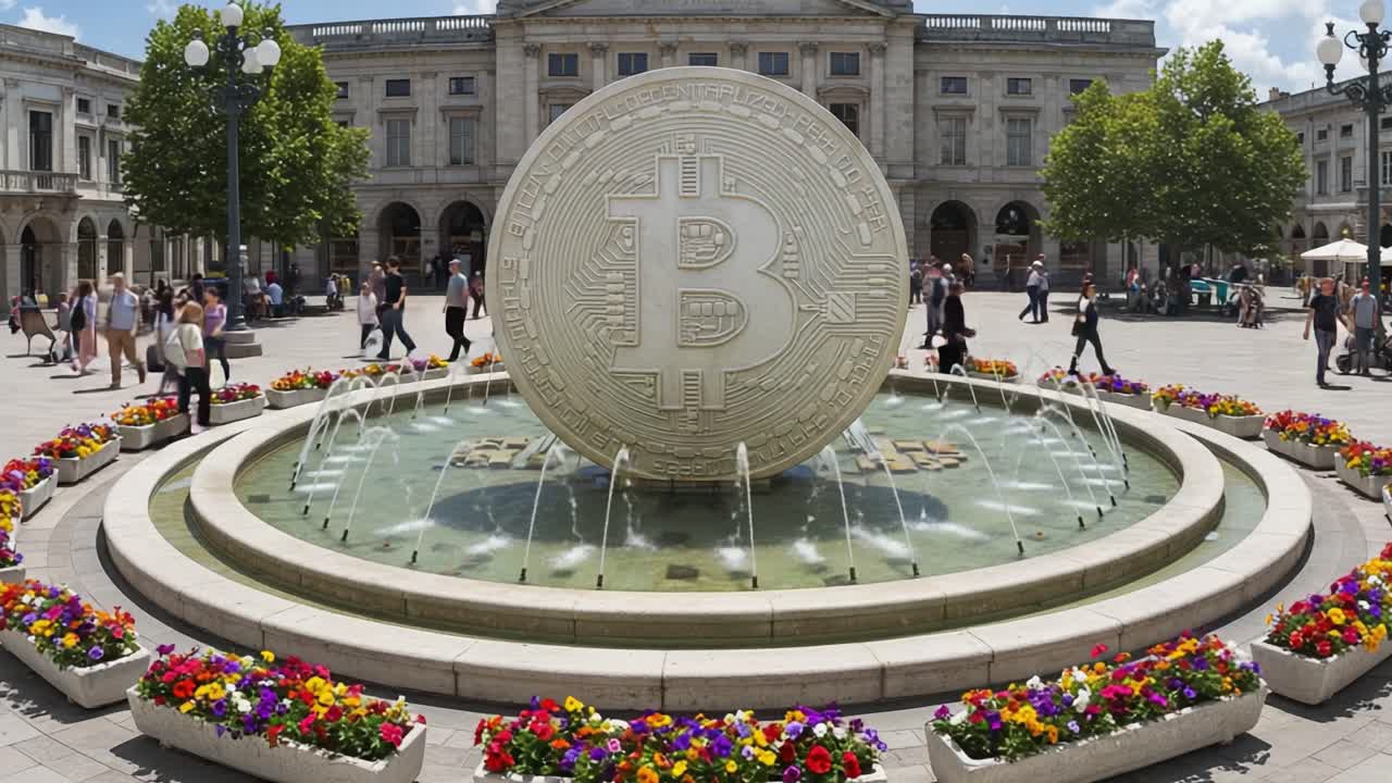 A Stunning Display of a Bitcoin Sculpture Surrounded by Vibrant Flowers and Bystanders in a Beautiful Urban Square