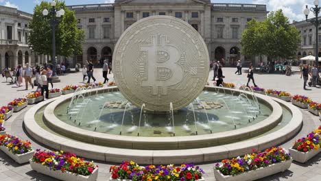 a stunning display of a bitcoin sculpture surrounded by vibrant flowers and bystanders in a beautiful urban square