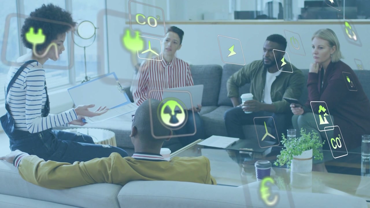 Lead opening folder and showing in hub while energy icons drifting over devices for energy review
