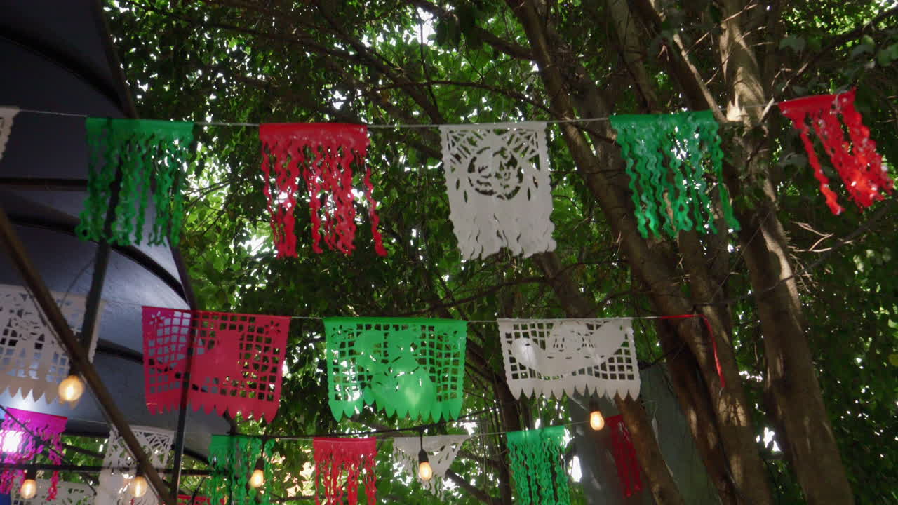 Bandeiras coloridas mexicanas de Papel Picado penduradas ao ar livre, vista de baixo.