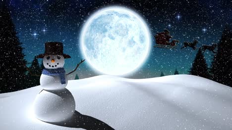 Snow-falling-over-snowman-on-winter-landscape-against-moon-in-the-night-sky