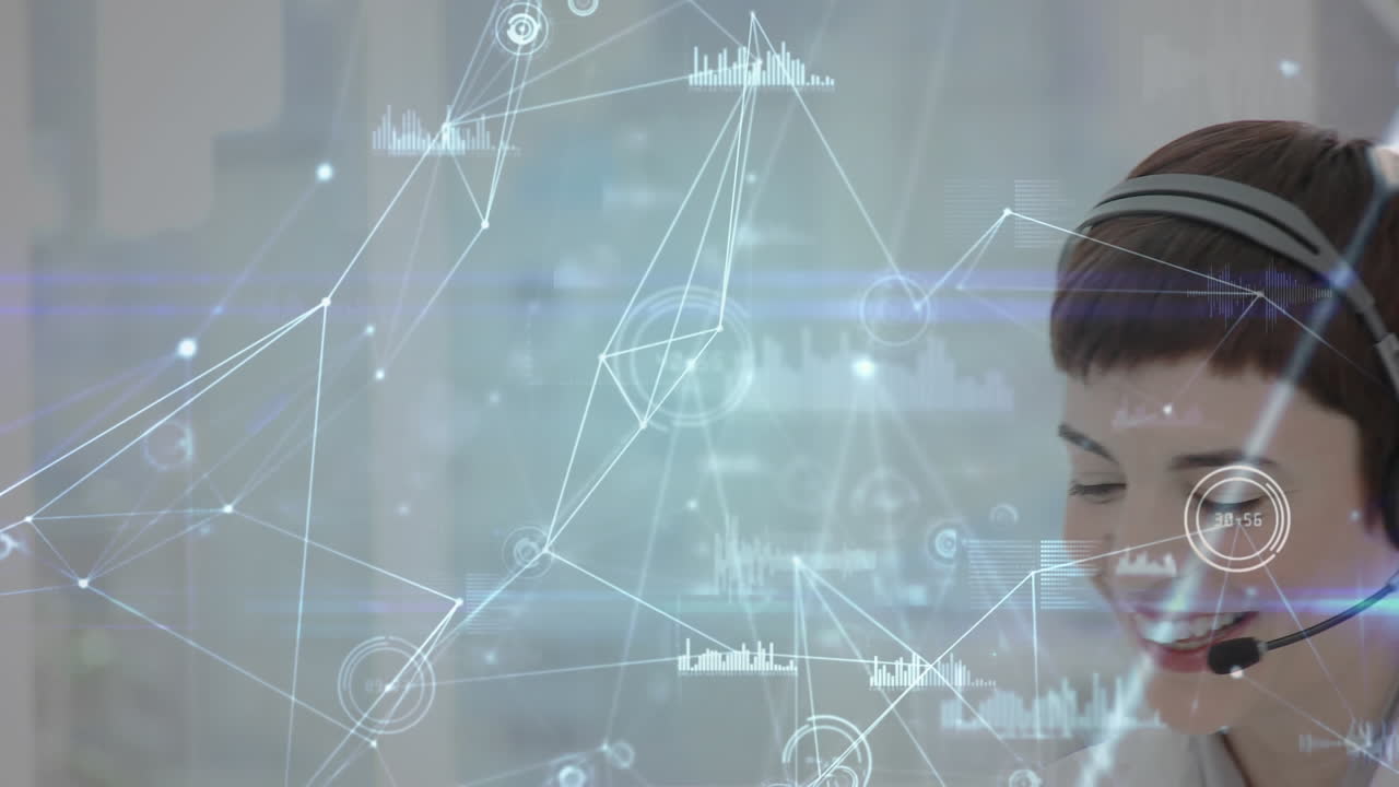 전화 헤드 ⁇ 을 사용하는 사업가 여성에 대한 연결 네트워크의 애니메이션