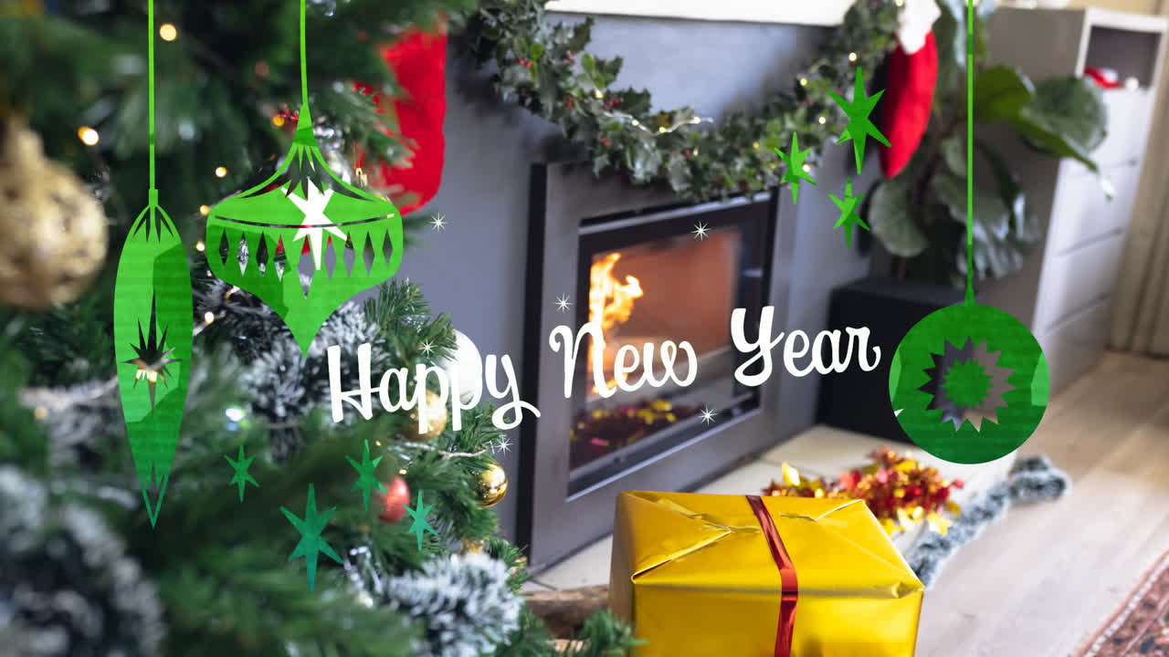 Christmas decorations and Happy New Year text animation over fireplace and gift box