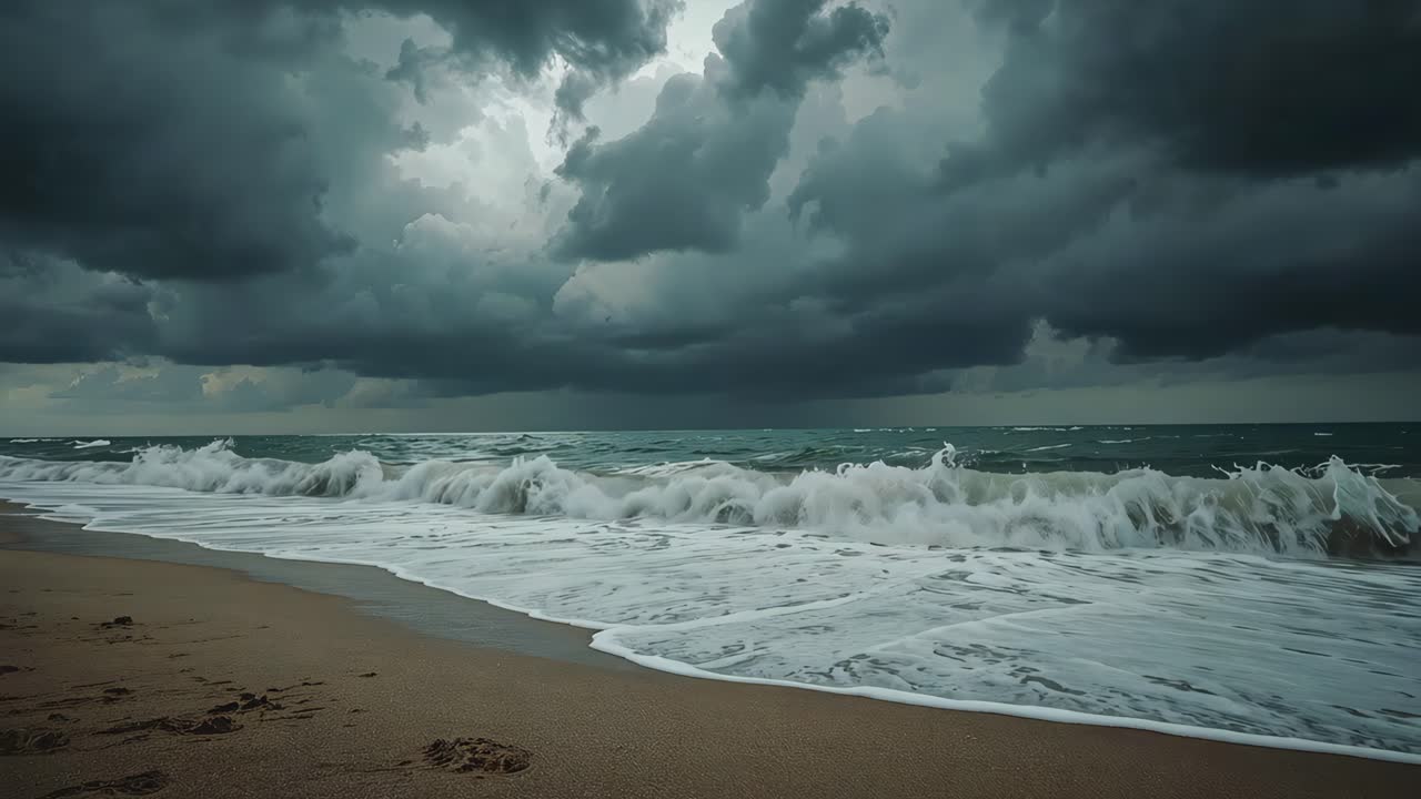 Stormy Beach with Dark Clouds and Powerful Waves