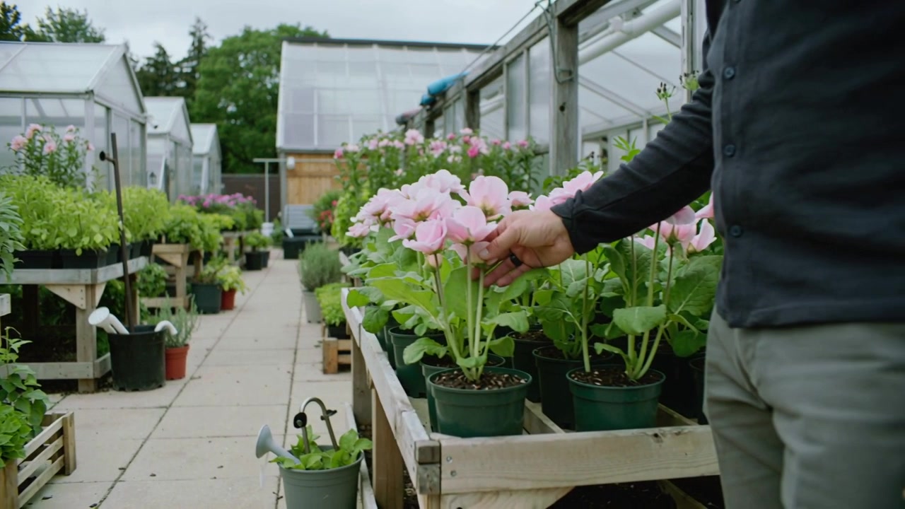 Lavoratore che entra, con una giacca scura, che tocca piante in vaso rosa nel corridoio del vivaio, controllando le fioriture.