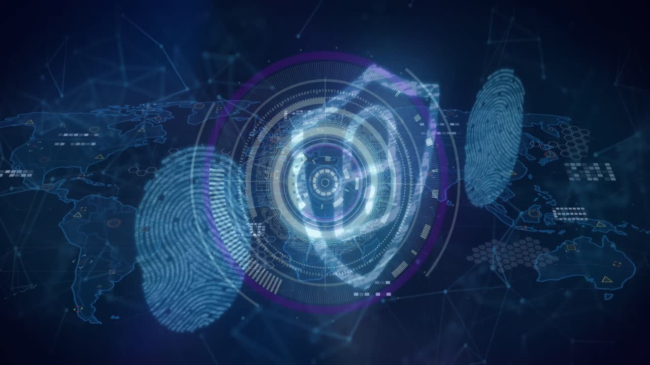 Animation of scope scanning over padlock icon and network of connections on black background