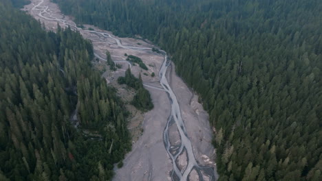 imágenes aéreas lentas de un lecho de río que se encuentra entre un bosque de árboles de hoja perenne en las montañas de la cascada