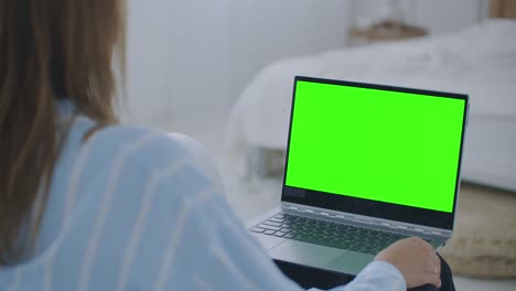 mujer joven en casa trabaja en una computadora portátil con pantalla de maqueta verde. ella sentada en un sofá en su acogedora sala de estar. sobre el hombro de la cámara disparado