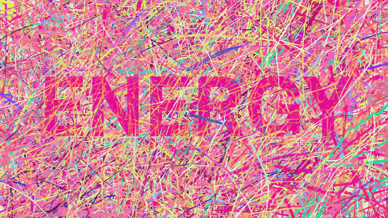 Shifting strokes revealing and hiding magenta word on bright pink ground briefly exposing letters