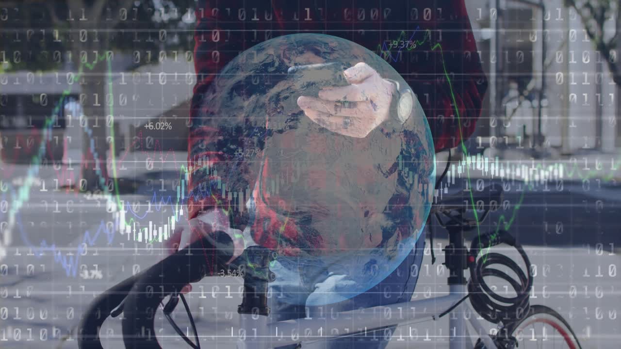 Man by bike using phone, causing finance globe on torso, binary stock chart growing checking market