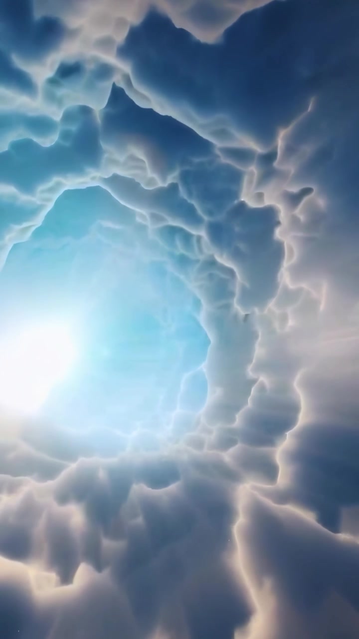 Volo attraverso un tunnel di nuvole onirico verso il sole