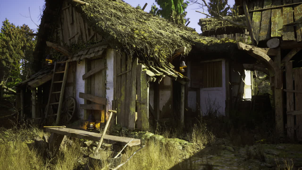 Rustic abandoned cottage in a forest with overgrown thatch roof