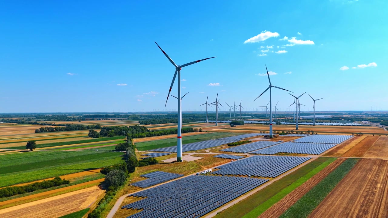 Wind turbine and solar power station in rural farming landscape. Photovoltaic panel field stands near tall white generator, green agricultural ground under sunny sky.