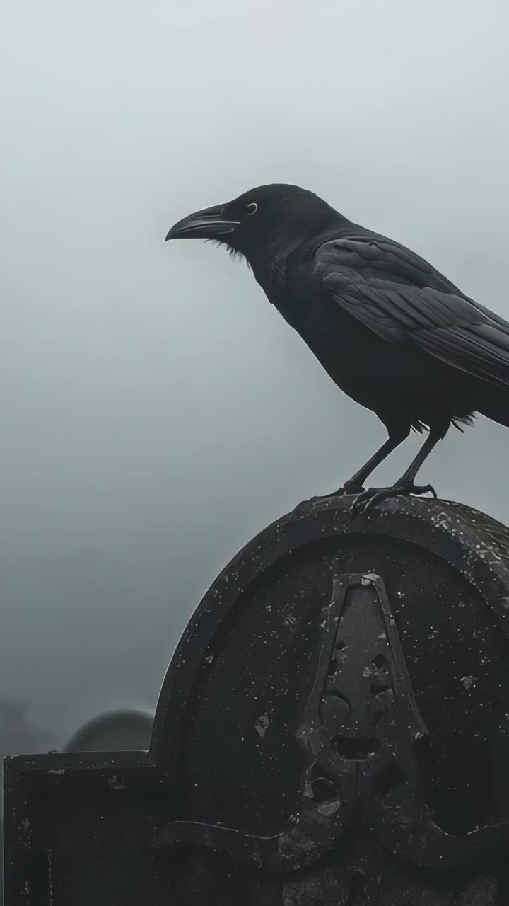 Vertical video: Scanning corvid lowering, pushing off marker, flying at foggy cemetery, copy space