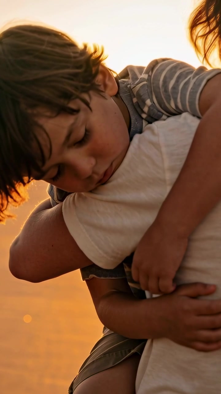 Video verticale: Mamma che porta e culla un bambino assonnato sulla spalla sulla riva al tramonto, con una maglietta a righe.