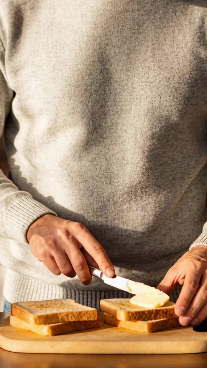 Vertical video: Lifting butter man in gray sweater spreading right slice in kitchen making sandwich