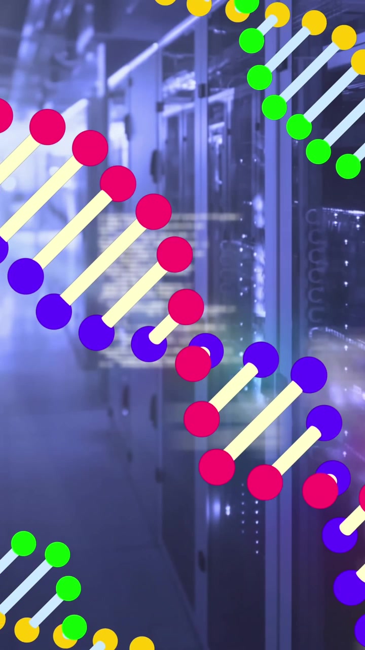Animation of dna strands spinning and data processing over computer servers