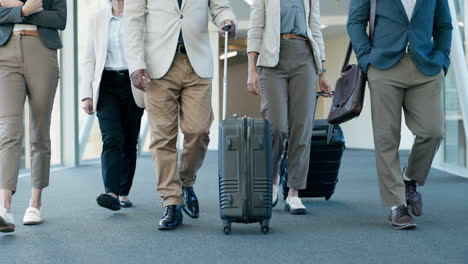 business team, suitcase and feet walking of staff