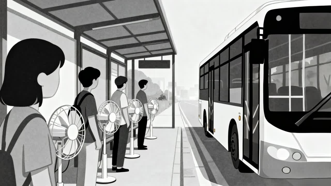 Ser en buss nærme seg, fem passasjerer i fritidsklær står ved holdeplassen og går ombord, med plass til tekst.