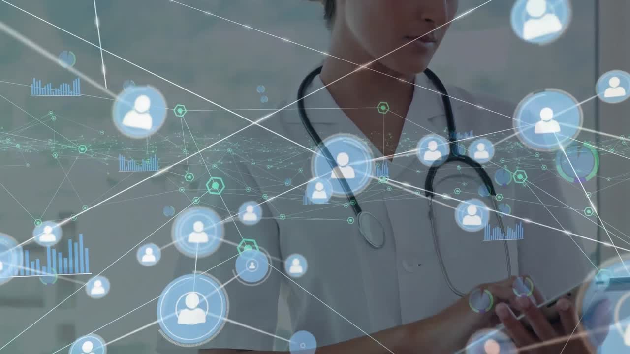 태블릿을 사용하는 백인 여성 의사에 대한 아이콘과 연결 네트워크의 애니메이션