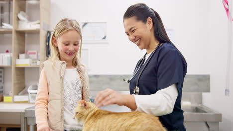 Cat-vet,-child-and-happy-woman-high-five